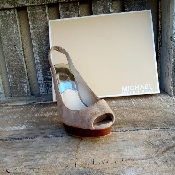 MICHAEL Michael Kors York Peep Toe Sling Back Suede / Wood  4.5" Heel  Size 8.5M - Picture 12 of 16